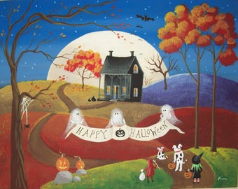 Folk Art Print~October 31st~Halloween Original Artwork Reproduction by Kim Loe