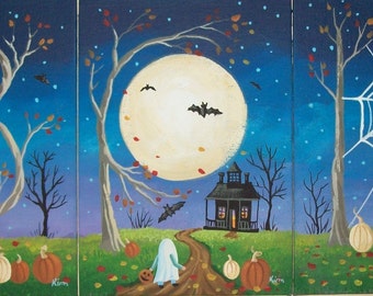 Boo Set of 3 Halloween Folk Art 7 x 5  Prints