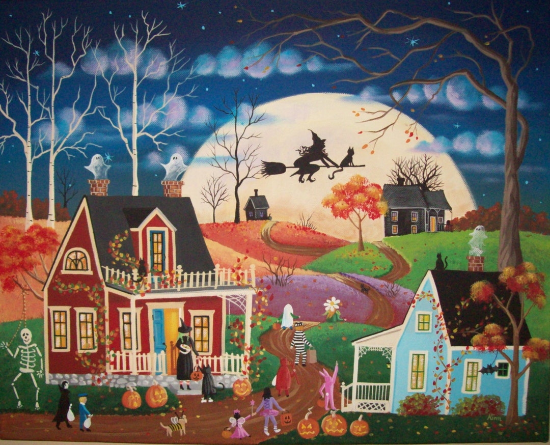 By the Light of the Moon Folk Art Print ~ Original Halloween Art ...