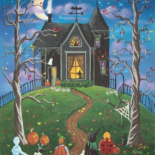 Folk Art Halloween Print Full Moon - Etsy