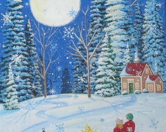 Winter Landscape Night Moon Valentine Original Art Print ~ By Kim Leo