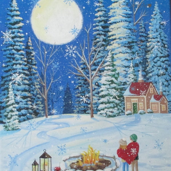 Winter Landscape Night Moon Valentine Original Art Print ~ By Kim Leo