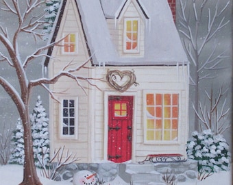 Winter White Cottage Folk Art Print by Kim Leo