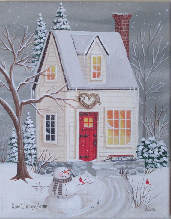 Winter White Cottage Folk Art Print by Kim Leo - Etsy