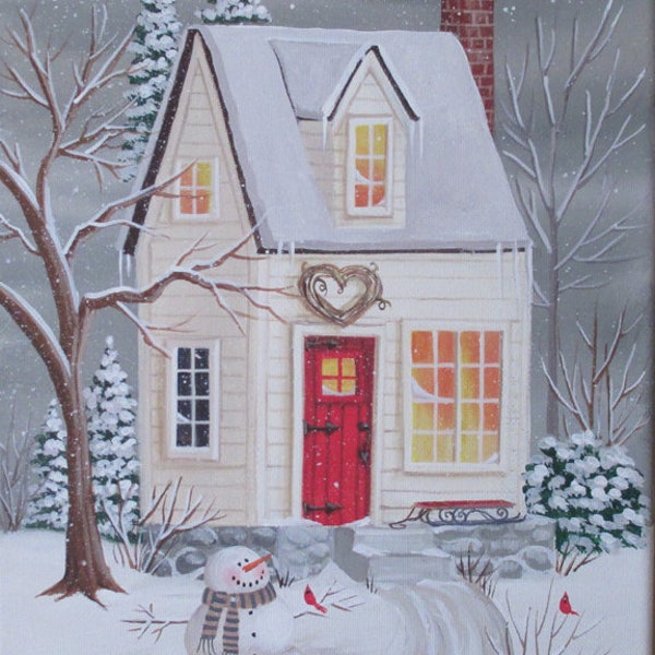 Winter White Cottage Folk Art Print by Kim Leo