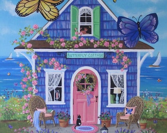 Butterfly Cottage Folk Art Print ~ Cottage Wall Art ~ Seaside Cottage