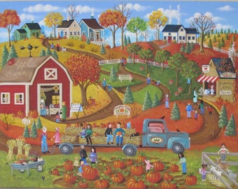 Autumn Landscape Hayride Pumpkins Barn Apples Folk Art Print