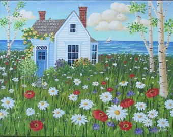 Folk Art Print ~ Cottage Wall Art ~Meadow