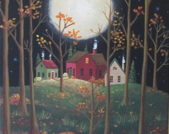 Folk Art Print~November Moon~Autumn Landscape