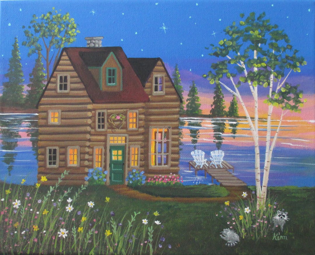 Original Folk Art Painting ~ Cabin on the Lake ~ Summer Sunset ...
