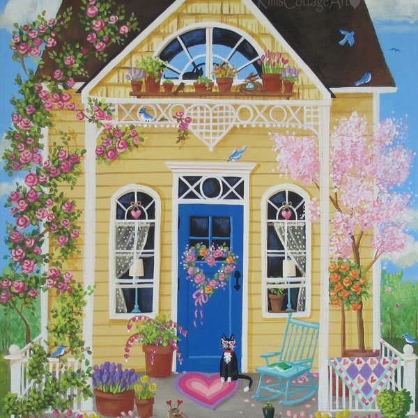Folk Art Cottage Print~Home is Where the Heart Is~Spring Wall Art