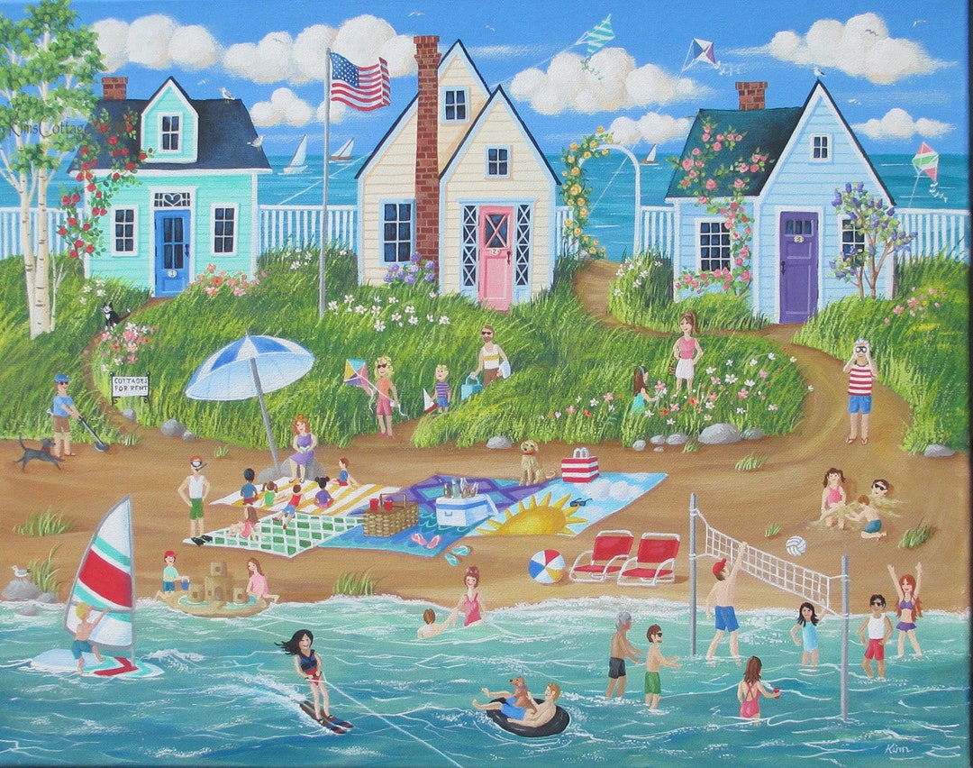 Original Folk Art Summer Seaside Painting Beach Party Etsy