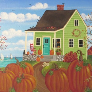 Folk Art Print~Pumpkin Time~Autumn Seascape Pumpkins