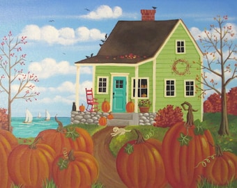 Folk Art Print~Pumpkin Time~Autumn Seascape Pumpkins