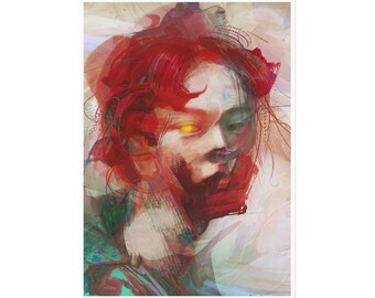 May include: A digital painting of a person with red hair and a yellow eye. The person's face is partially obscured by a red and white abstract design. The background is a light beige with hints of pink and blue.