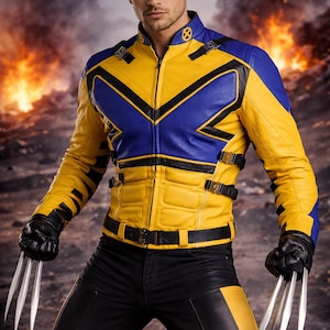 Chaqueta de cuero amarilla y azul de Wolverine de X-Men / Disfraz de cosplay de cómic / Regalo de motociclista hecho a mano con hebilla metálica para él