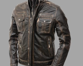 Chaqueta de cuero marrón vintage desgastada para hombre, estilo café racer / Chaqueta bomber de motociclista / Regalo de cuero auténtico para él