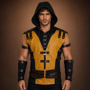 Puede incluir: Un disfraz sin mangas amarillo y negro con detalles de cuero marrón. El disfraz presenta una capucha negra, hombreras y brazaletes. La parte delantera del disfraz tiene un panel de cuero amarillo con un diseño en forma de cruz.