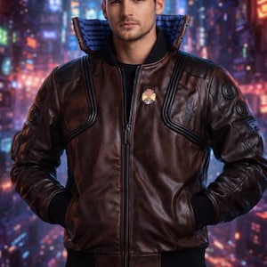 Cyberpunk 2077 samoeraibomberjack | Bruin rundleer heren | Handgemaakte borduurwerk cosplay patch cadeau voor hem