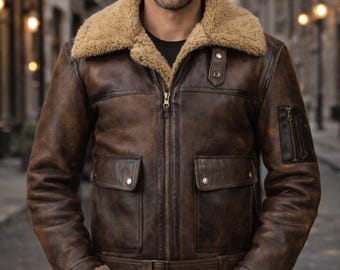 Chaqueta bomber B3 de piel de oveja hecha a mano / Chaqueta de invierno de piel de oveja para piloto de aviador RAF marrón para hombre / Regalo para él