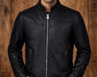 Men's Handmade Retro Black Leather Jacket | 1990s Vintage Biker Motorcycle Jacket | Real Leather Party Gift for Him