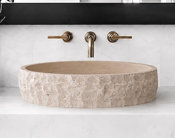 Beige Travertine Vessel Sink - Oval Random Split-Face Countertop Marble Basin