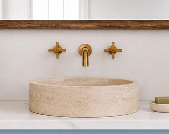 Beiges Travertin Waschbecken - Klassisches Glattes Zylindrisches Aufsatzwaschbecken aus Marmor