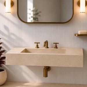 May include: A wall-mounted rectangular beige stone sink featuring a brass faucet and two matching handles. The setup includes a brass drain pipe, a small matching soap dish with a bar of soap, and a dark maroon towel hanging on a brass hook.