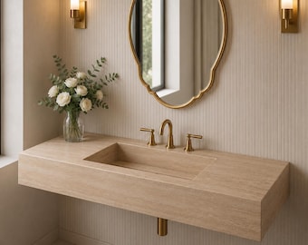 Luxury Travertine Wall Mount Sink with Hidden Drain - Floating Stone Bathroom Basin