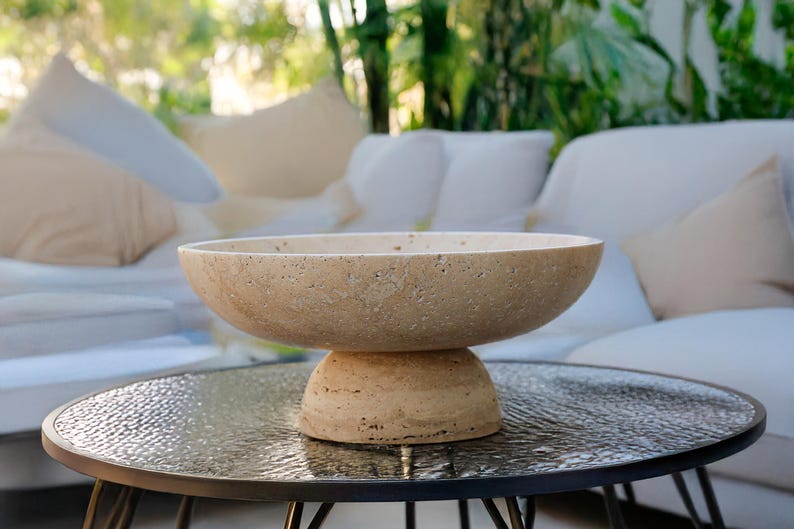 Gratia - Large Travertine Pedestal Bowl: Marble Centerpiece, 12" Serving Bowl image 7