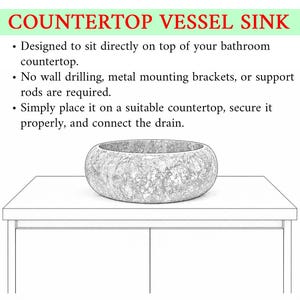 May include: A round, textured gray vessel sink sits on a flat surface. The text reads: COUNTERTOP VESSEL SINK. Designed to sit directly on top of your bathroom countertop. No wall drilling, metal mounting brackets, or support rods are required.