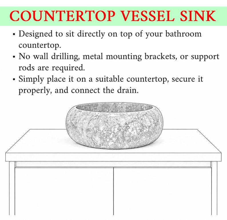 May include: A round, textured gray vessel sink sits on a flat surface. The text reads: COUNTERTOP VESSEL SINK. Designed to sit directly on top of your bathroom countertop. No wall drilling, metal mounting brackets, or support rods are required.