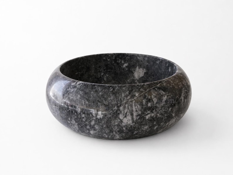 Dark Gray Marble Vessel Sink - Sculptural Rounded Countertop Marble Basin image 4