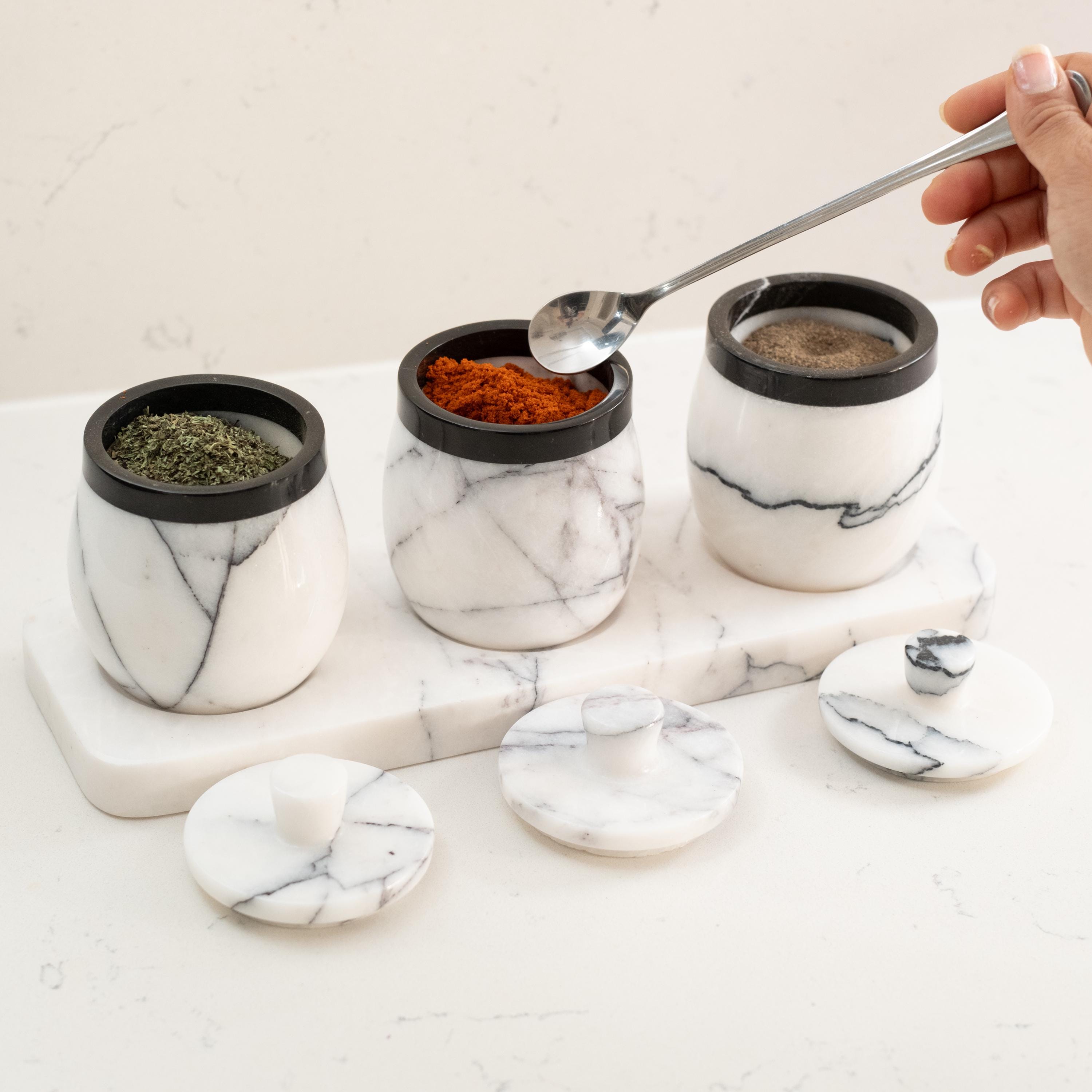 Hestia 4-piece Marble Spice Jar Set With Tray: Elegant Stone - Main Image