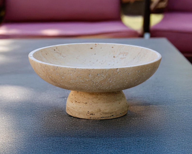 Gratia - Large Travertine Pedestal Bowl: Marble Centerpiece, 12" Serving Bowl image 2