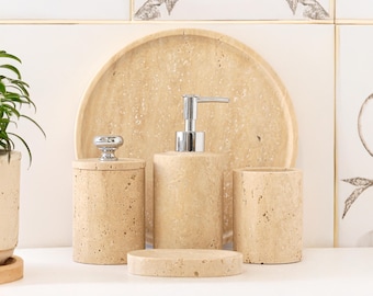 Aurelia - Juego de 5 accesorios de baño de lujo en travertino beige