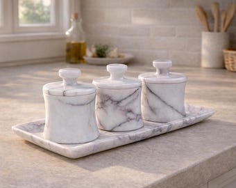 Venia - 4-Piece Marble Spice Jar Set with Tray - Veined White Stone Canisters With Lid