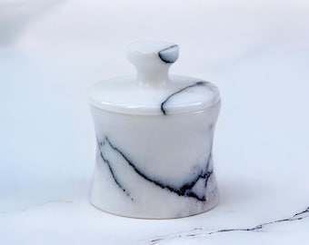 Venia - Veined White Marble Spice Jar with Lid: Handmade Marble Canister, Stone Salt Cellar