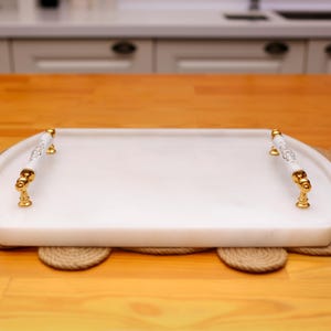 Plateau De Service En Marbre Blanc 12x8" – Motif Floral – Pièce Unique