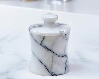 Venia - Veined White Marble Spice Canister : Handcrafted Marble Jar With Lid, Stone Salt Cellar