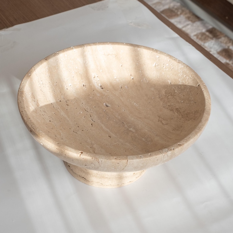 Gratia - Large Travertine Pedestal Bowl: Marble Centerpiece, 12" Serving Bowl image 5