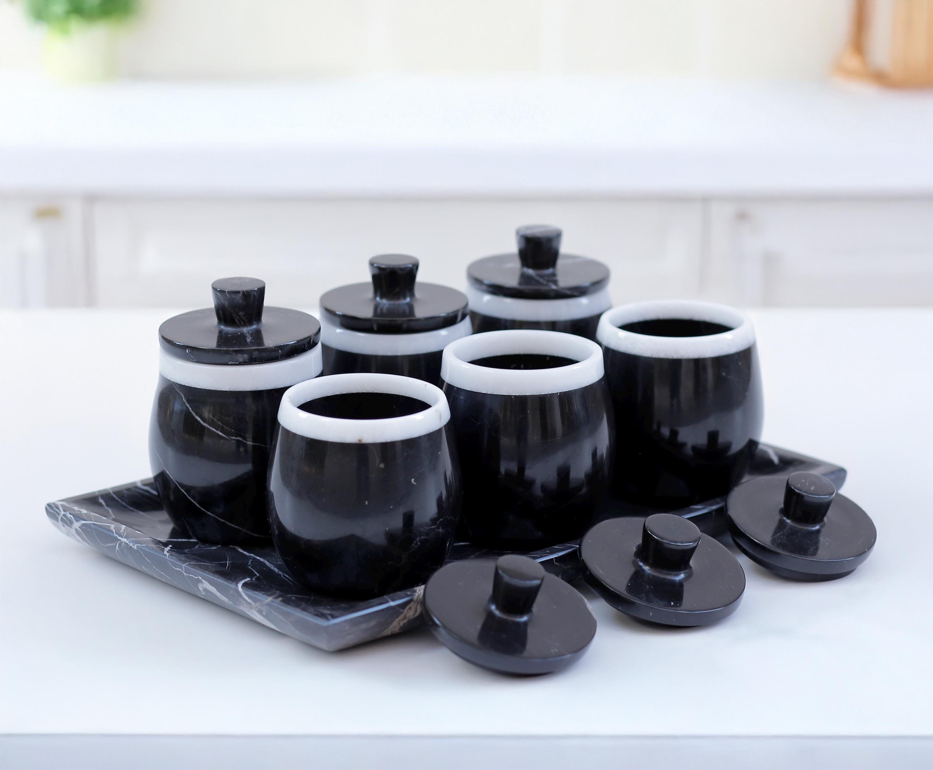 BRIESTA black marble & YONAGI FSセット Hestia - 7-piece Handmade Black Marble Spice Canister Set With
