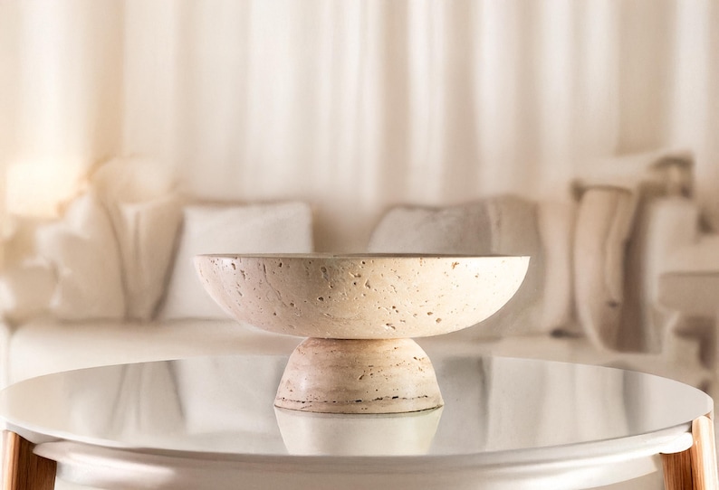 Gratia - Large Travertine Pedestal Bowl: Marble Centerpiece, 12" Serving Bowl image 11