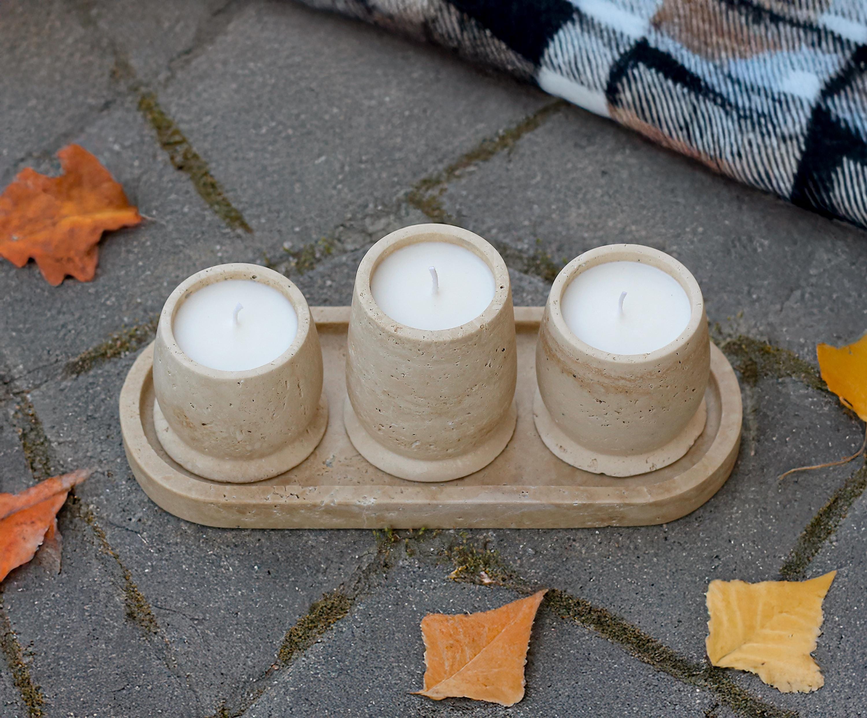 Luminia - Travertine Candle Holder Set With Tray: Scented Soy