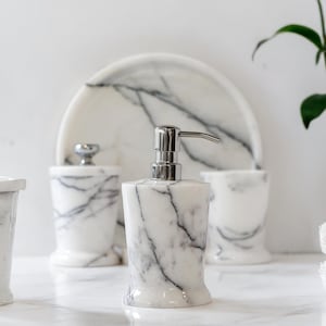 Thalia 5 Piece Unique Conical Body Shape Marble Bathroom Set & Stainless Steel Pump - Veined White Marble Bathroom Accessories With Tray