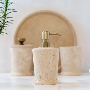 Thalia - Travertine Marble Bathroom Accessories Set: Conical Design with Stainless Steel Pump