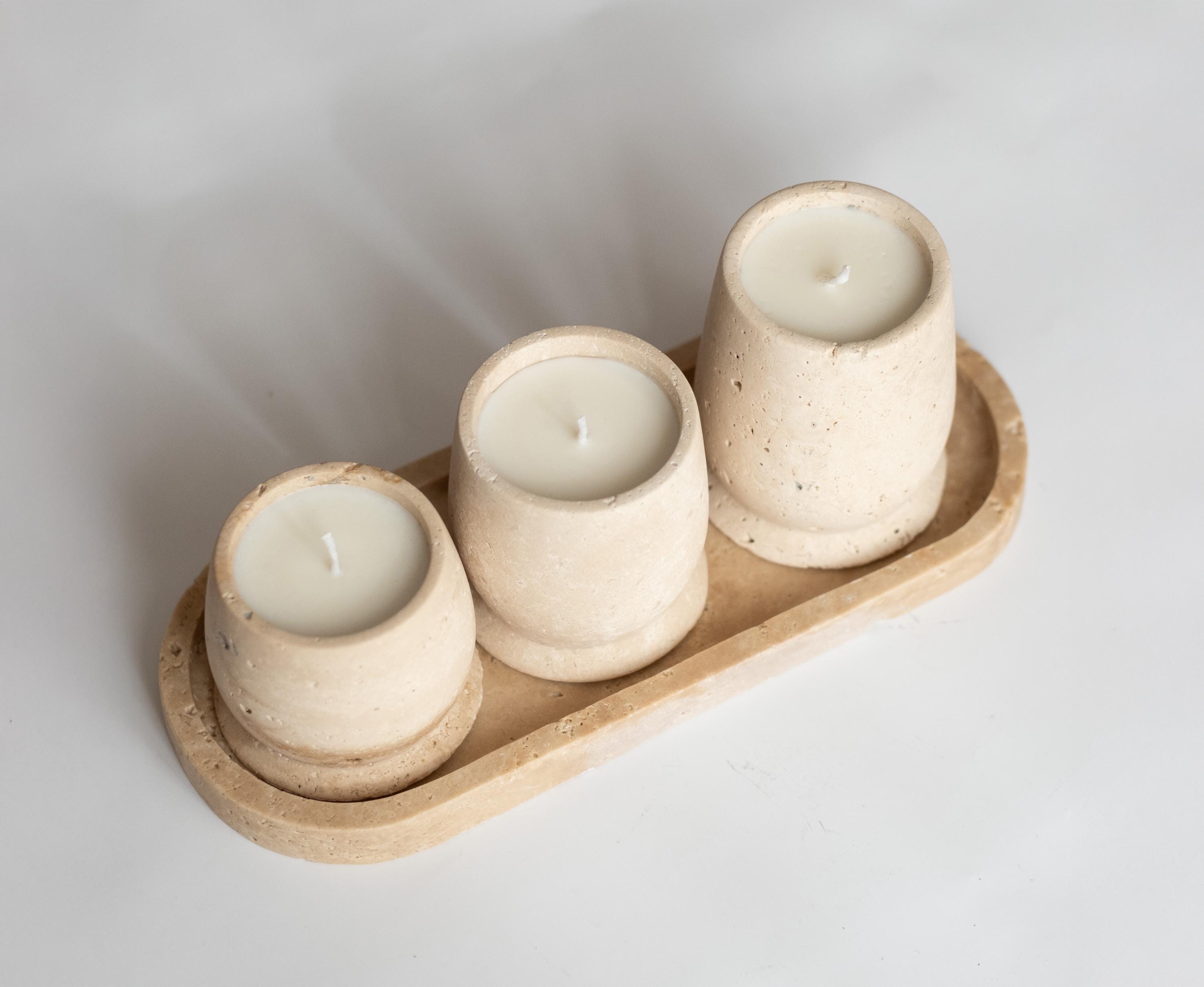 Luminia - Travertine Candle Holder Set With Tray: Scented Soy