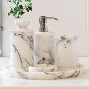 Celestia Ultra Luxury Marble 5 Piece Unique Bathroom Set – Stainless Steel Pump - Stone Soap Dispenser, Stone Tray - White Veined Marble