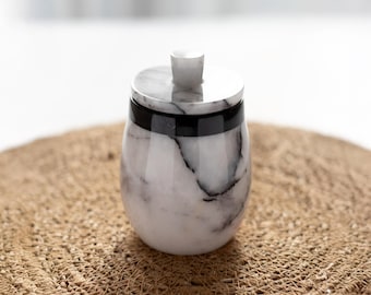 Hestia - Handmade Marble Jar with Lid: Veined White Marble Canister, Salt Cellar, Sugar Pot