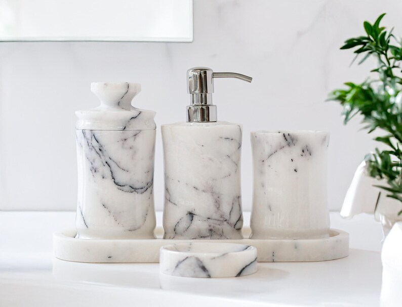 Celestia - 5-piece Luxury Veined White Marble Bathroom Accessories Set ...